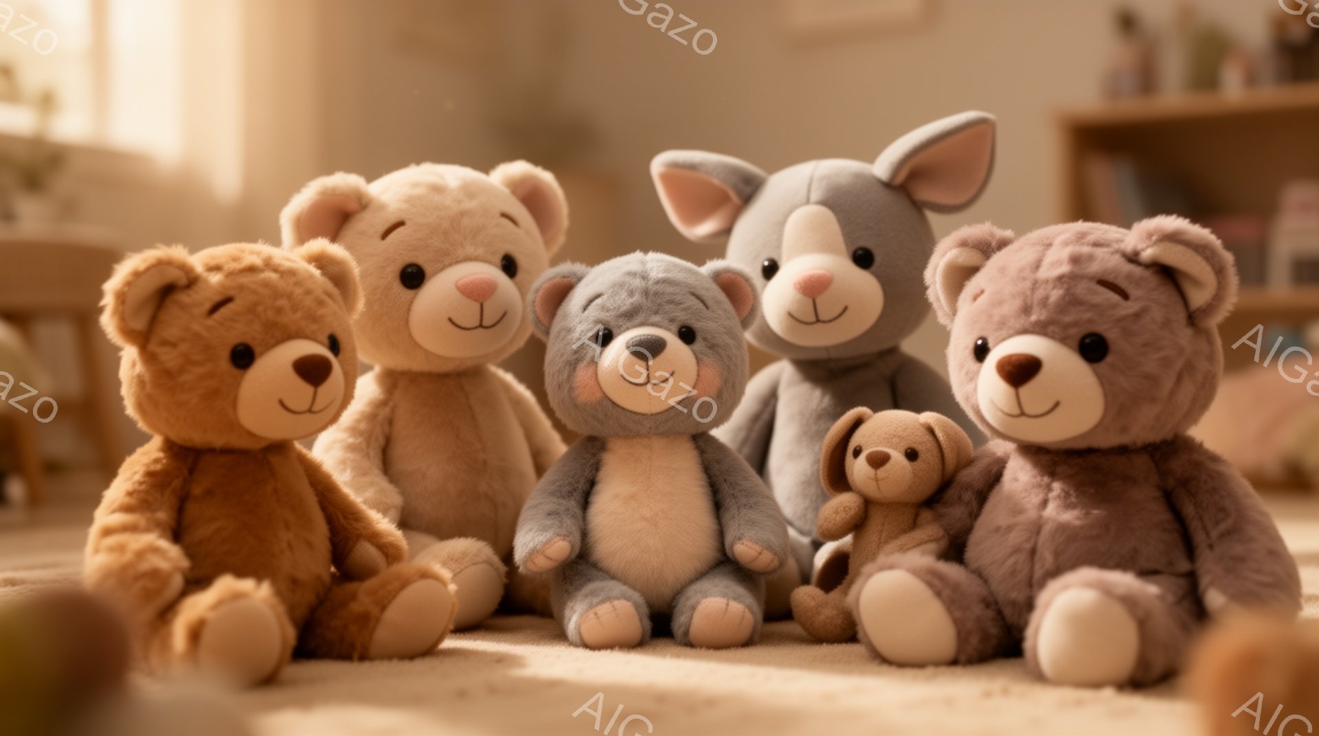 暖かく柔らかな光が差し込む室内で、様々な色のテディベアと犬のぬいぐるみが寄り添って座っています。ベージュ、茶色、グレーの愛らしいぬいぐるみたちは、穏やかな表情でカメラを見つめており、背景には木製の棚がぼんやりと見えます。全体的に、温かく、居心地の良い、遊び心あふれる雰囲気が漂っています。