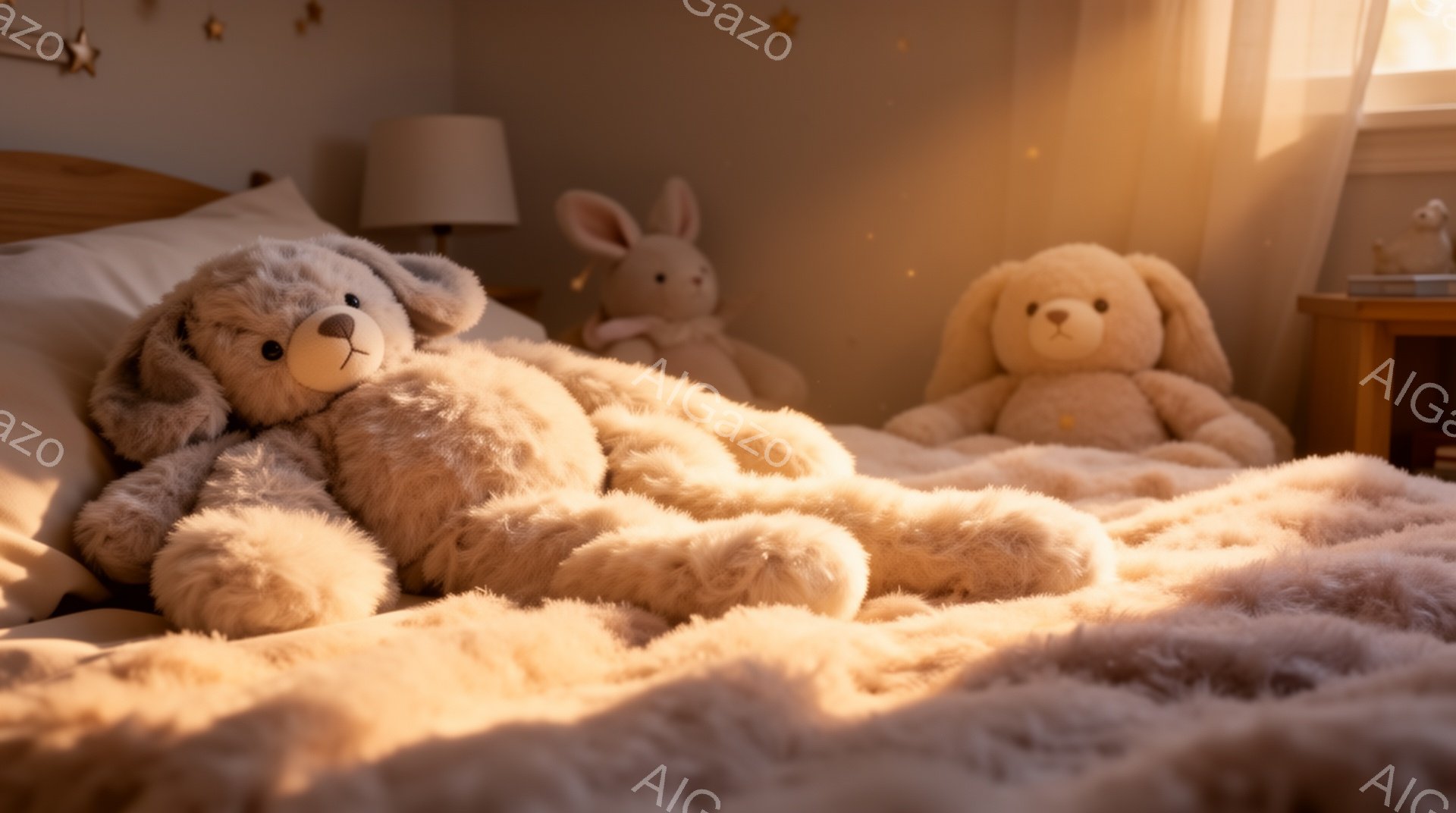 ふわふわとしたクリーム色のベッドの上に、大きなぬいぐるみ2匹が並んで横たわっています。一匹は茶色の犬で、ゆったりとリラックスした姿勢を見せ、もう一匹は白いウサギで、ベッドの奥で控えめに座っています。背景には木製のナイトテーブルと柔らかい光が差し込み、温かく居心地の良い雰囲気を作り出しています。
