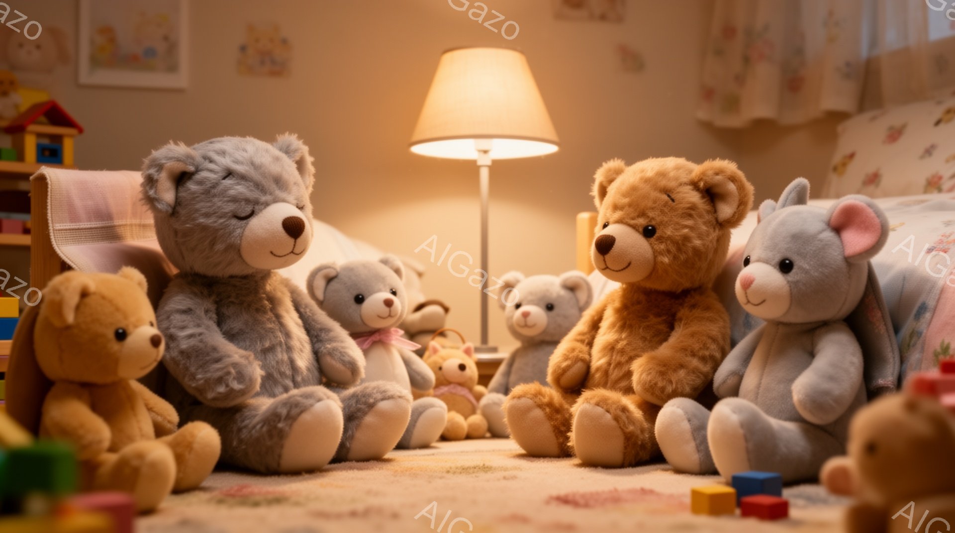 暖炉のようなオレンジ色の光が、毛並みの美しいテディベアたちが集まる部屋を照らしています。ベージュ、グレー、茶色のクマたちは、床に座って何かの物語を聞いているかのように見え、その表情は穏やかで可愛らしいです。背景にはベッドと棚、おもちゃのブロックが見え、温かく、落ち着いた家庭的な雰囲気が漂っています。