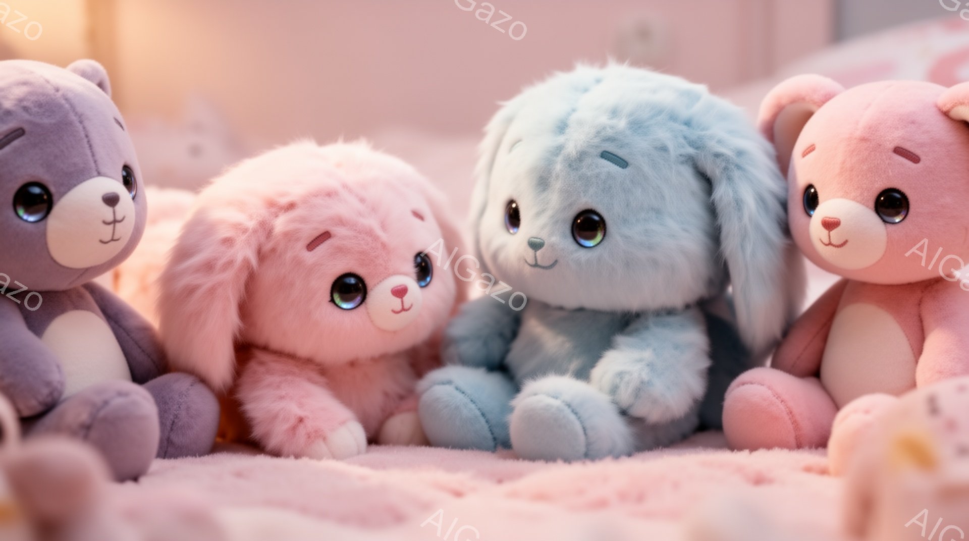 柔らかいピンク色のベッドの上に、様々な色のふわふわとしたぬいぐるみたちが寄り添って座っています。灰色のクマ、ピンク色のウサギ、水色のウサギ、そしてもう一つのピンク色のウサギが、つぶらな瞳で見つめ、穏や - AI生成フリー素材