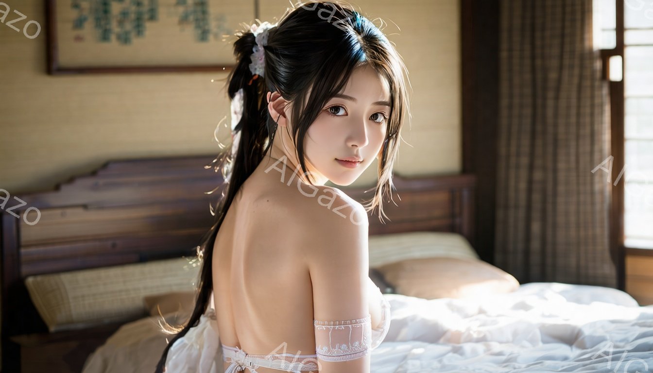 長い黒髪を後ろで束ね、肩出しの白い衣装を身につけた女性が写っている。彼女はカメラの方を振り返り、少し微笑んでいるような表情で、上品で優雅な雰囲気を醸し出している。背景には木製のベッドと、暖色系の壁、そして掛け軸が見え、柔らかい光が室内を照らしている。