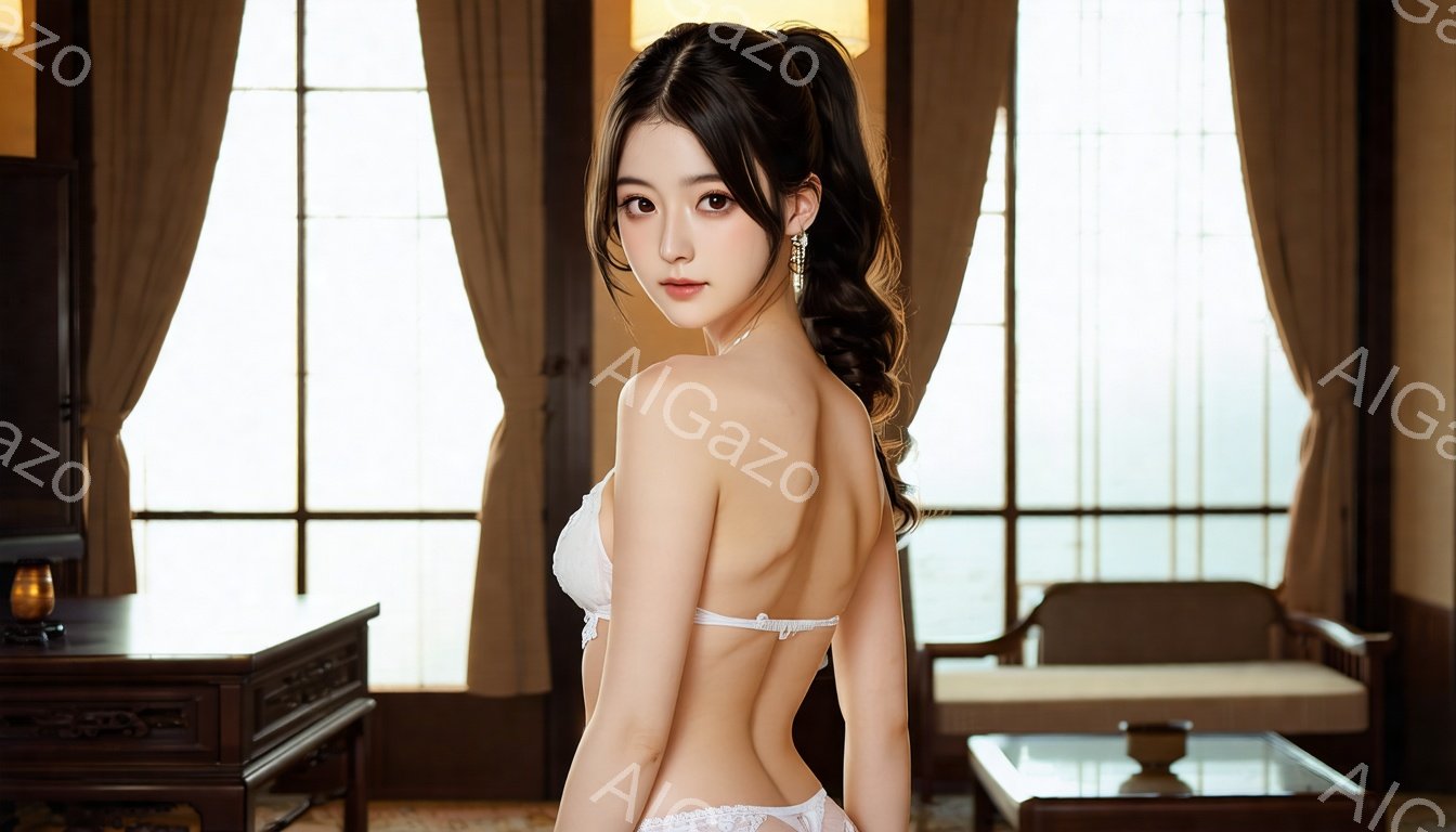 長い黒髪を後ろで高く結び上げた女性が、白いレースのブラとショーツを身に着けてこちらを振り返っている。彼女は背中を丸め、少し恥ずかしそうな表情で、クラシカルな内装の部屋の中に立っている。窓からは明るい光が差し込み、部屋全体が暖かく、上品な雰囲気に包まれている。