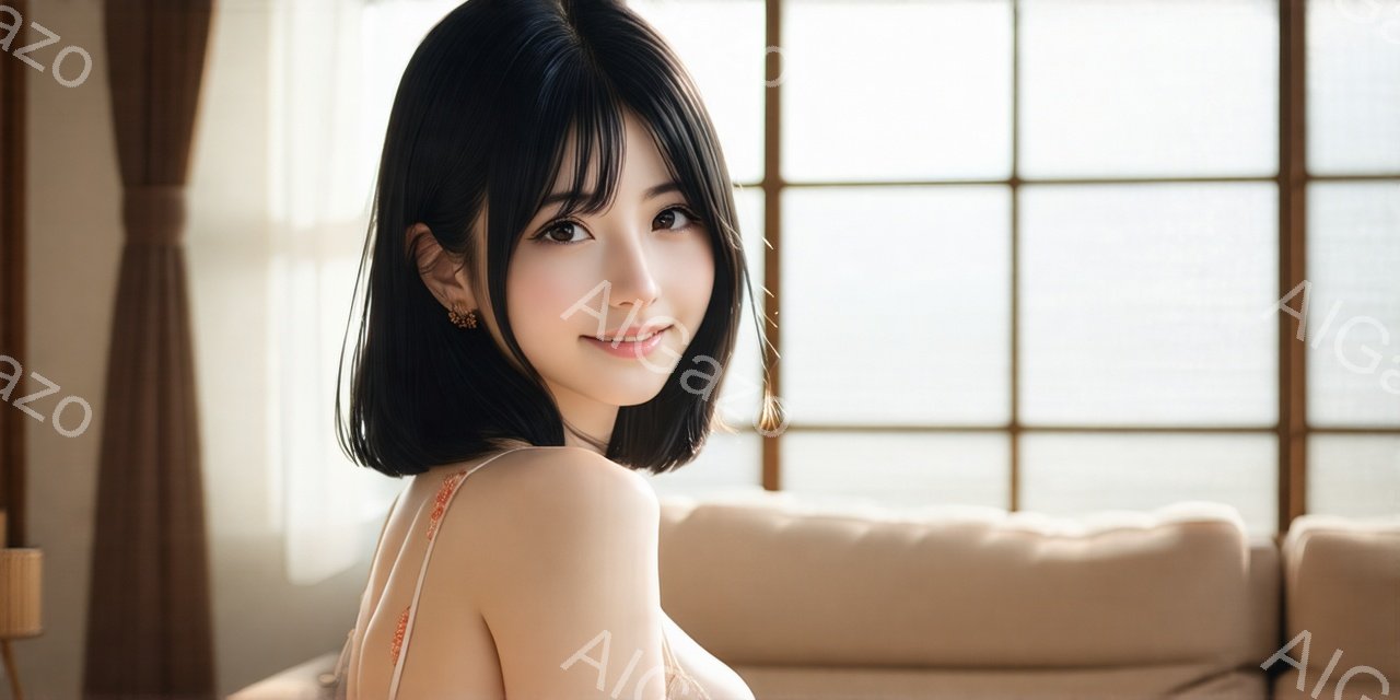 黒髪のボブヘアで、前髪が眉毛にかかる女性が微笑んでいます。キャミソールのようなトップスを着ており、肩を少し見せています。背景には窓から差し込む光と、ベージュ色のソファが見え、全体的に柔らかく温かい雰囲 - AI生成フリー素材