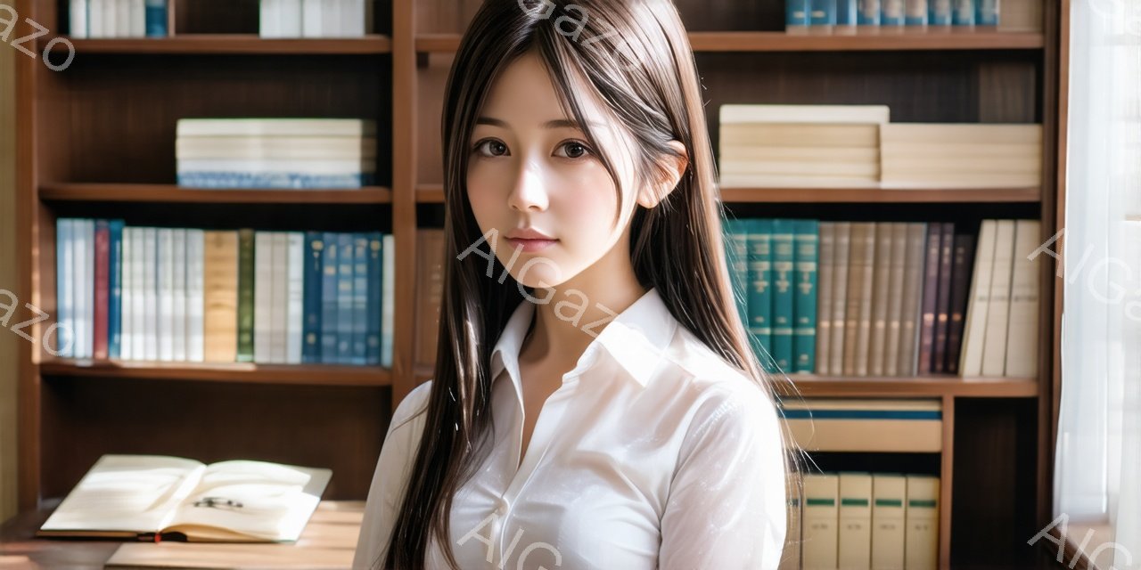 長い黒髪を肩にかける女性が、白いシャツを着てカメラを見つめています。彼女の表情は穏やかで、少し微笑んでいるように見えます。背景には、様々な色の本が並んだ本棚があり、落ち着いた雰囲気を作り出しています。 - AI生成フリー素材
