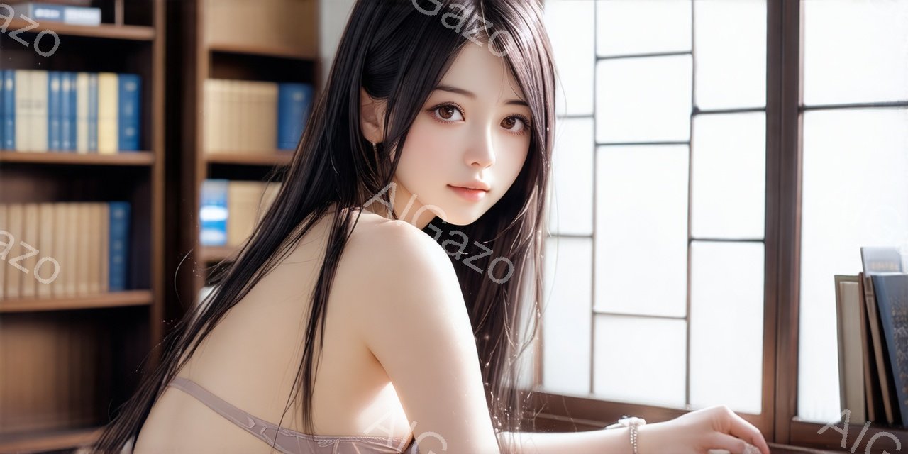 長い黒髪をなびかせ、窓辺で微笑む若い女性が写っています。ベージュの繊細なブラレットと、それと調和する薄手のローブのようなものを身につけており、優雅で繊細な印象を与えます。背景には本棚が並び、柔らかな自 - AI生成フリー素材