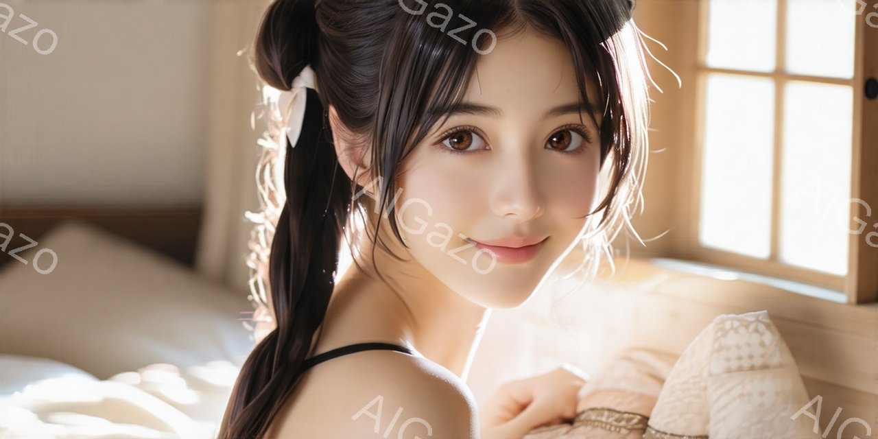 黒髪で、サイドにリボンを結んだツインテールにした若い女性が写っています。明るい笑顔でカメラを見つめ、白いキルトのような布を体に巻き付けています。背景には窓から差し込む陽光が暖かく、部屋全体が柔らかい光に包まれています。