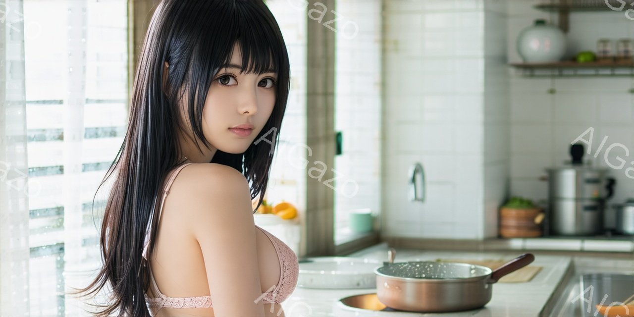 長い黒髪で、少し微笑んでいるアジア人女性が写っています。彼女はレースのブラレットを着ており、キッチンで鍋の横に立っています。背景には白いタイル張りの壁と、調理器具が置かれた棚が見え、明るく清潔な雰囲気です。