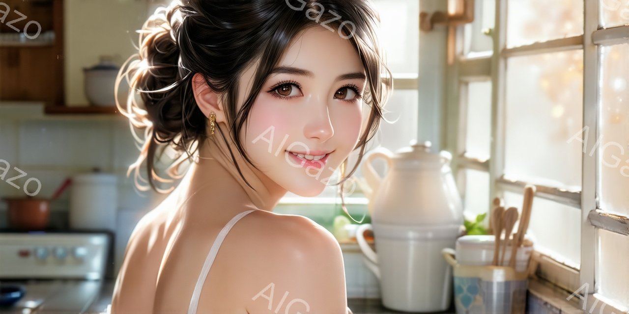 明るいキッチンで、茶色の髪を後ろでまとめた女性が微笑んでいます。白いキャミソールを着ており、大きな茶色の瞳が印象的です。背景には、炊飯器や調理器具、そして窓から差し込む自然光が見え、温かく穏やかな雰囲 - AI生成フリー素材