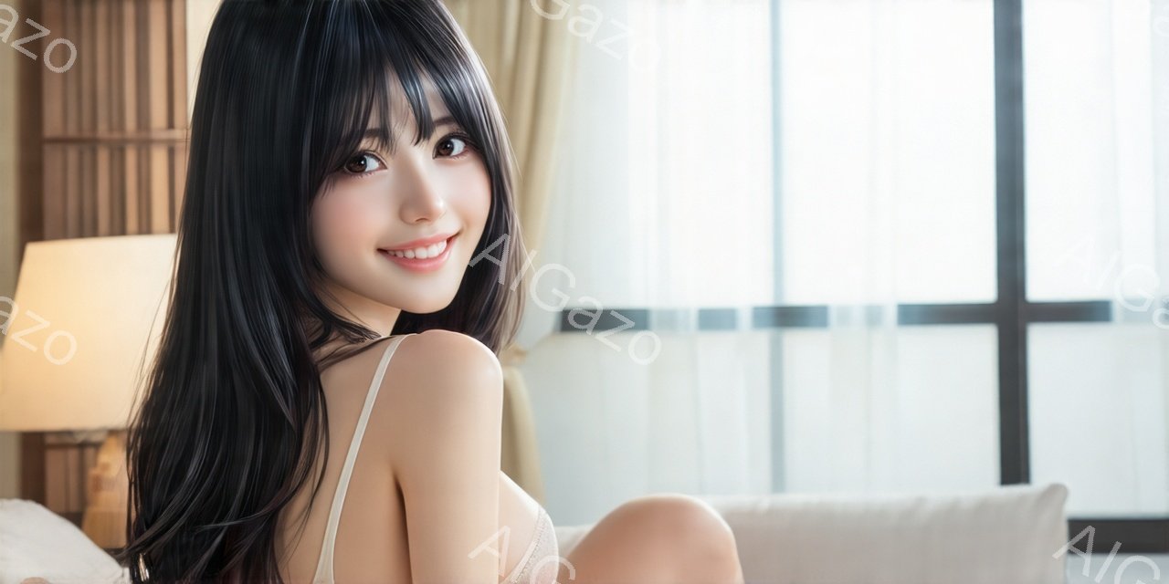 長い黒髪で、前髪がぱっつんとした女性が微笑んでいます。白いキャミソールを着て、ベッドに座っており、リラックスした雰囲気です。背景には窓と明るい室内が映り、穏やかで暖かさを感じさせる光が差し込んでいます。