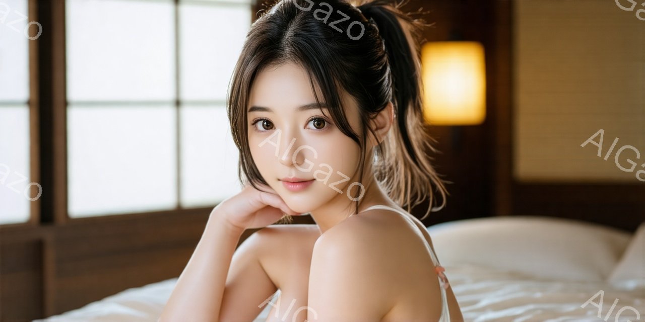 長い黒髪をハーフアップにした若い女性が、白いベッドの上で両頬に手を当てて微笑んでいます。彼女はオフショルダーの白いトップスを着ており、背景には木製のパネルと柔らかな光が差し込む窓が見えます。全体的に、リラックスした穏やかな雰囲気が漂っています。