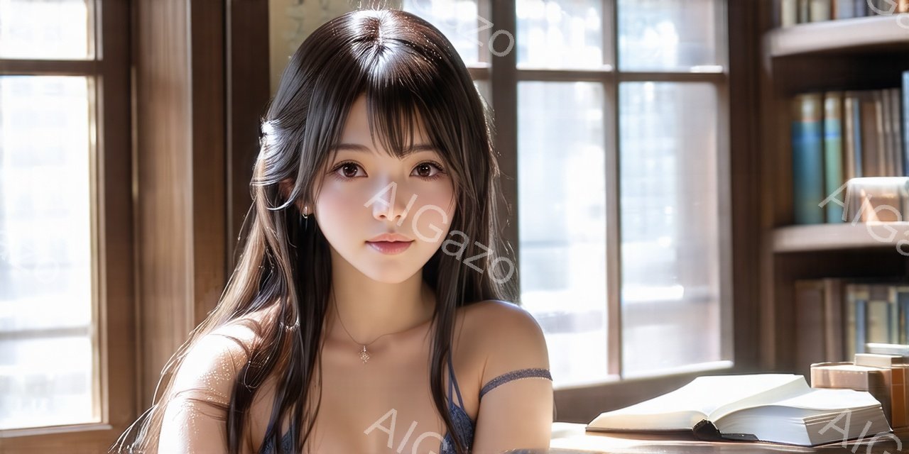 長い黒髪の女性が写っており、前髪は眉毛にかかるように流れている。彼女はキャミソールのようなトップスを着ており、首には細いネックレスが光っている。背後には窓から差し込む光が明るく、本棚が並び、穏やかで知的な雰囲気を醸し出している。