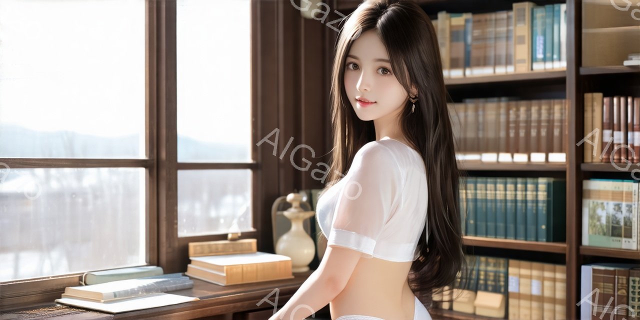 長い黒髪をなびかせ、白いブラウスと下着姿の女性が描かれています。彼女は少し振り返り、優しい微笑みを浮かべています。背景には積み重ねられた古書と窓から差し込む光があり、暖かく落ち着いた雰囲気です。