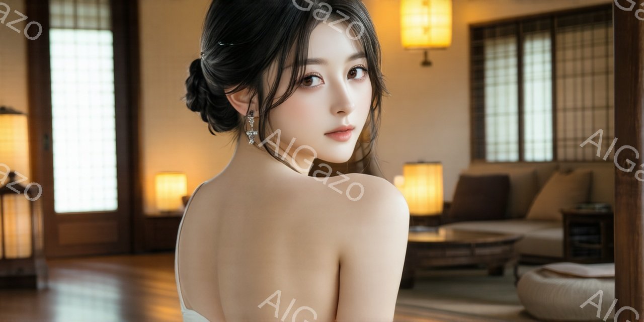 漆黒の長い髪を後ろでまとめ、肩と背中を大胆に露出した女性が写っている。彼女はわずかに振り返り、憂いを帯びた表情でカメラを見つめている。背景には木製の家具と提灯が配置され、和風の落ち着いた雰囲気の室内が広がっている。