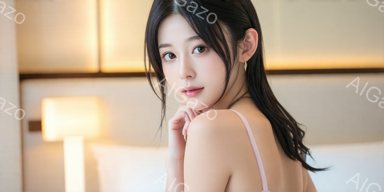 黒髪の女性が正面を見つめています。彼女は薄いピンク色のストラップレスの服を着ており、肩を少し丸めて片手を顔の横に添えています。背景には、暖色系の照明が灯ったシンプルな室内がぼやけて見え、落ち着いた雰囲気を醸し出しています。