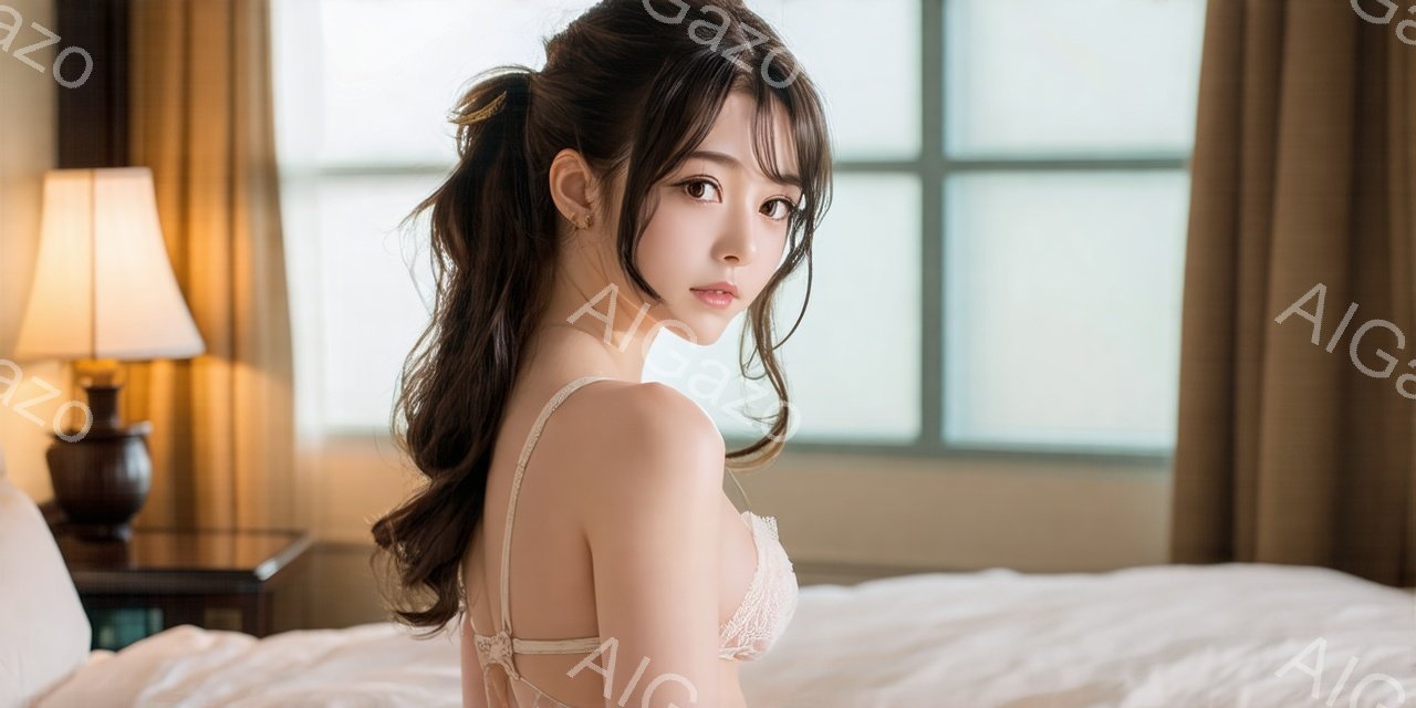 長いダークブラウンの髪をハーフアップにし、額に軽くフリンジがかかっています。白いレースのブラレットを着用し、ベッドの上に横たわっています。背景には、明るい光が差し込む窓と、茶色のランプが置かれたナイトスタンドが見え、全体的に柔らかく暖かい雰囲気を醸し出しています。