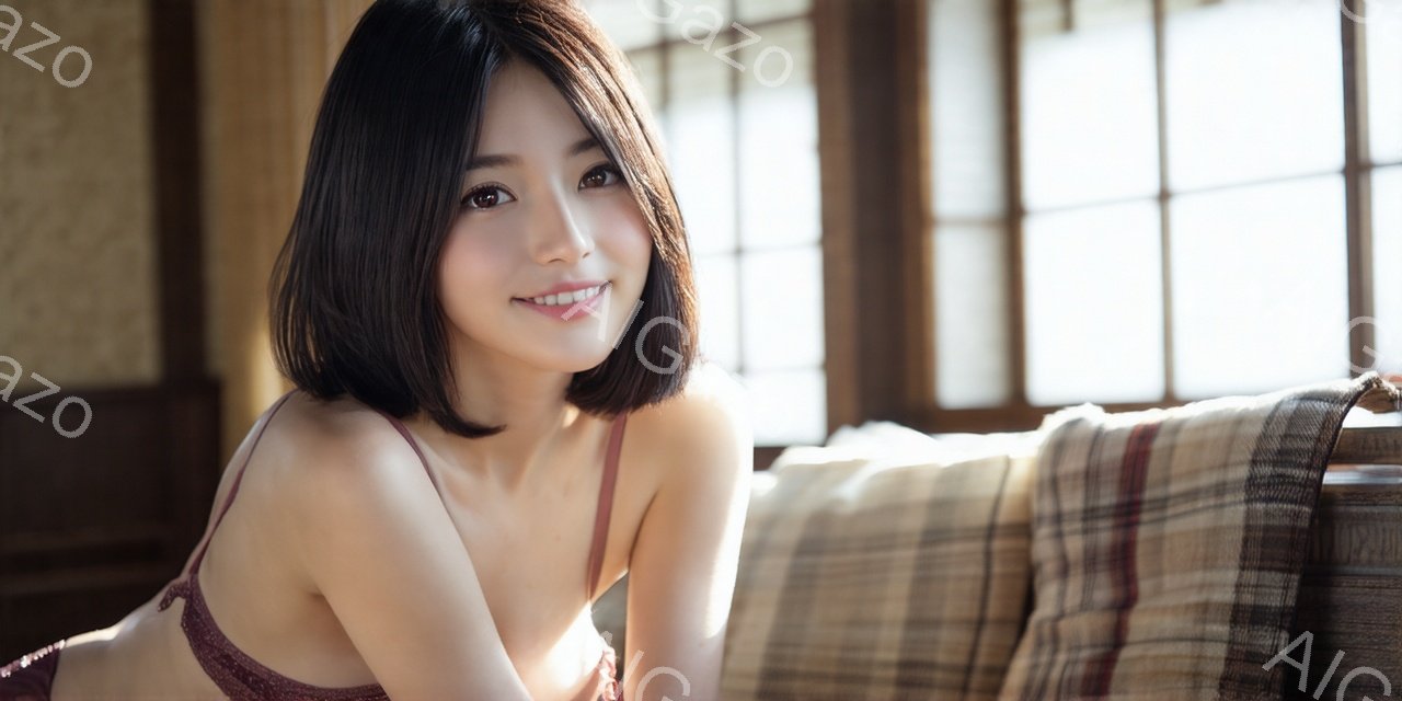 ショートヘアの女性が微笑みながらカメラを見つめている。彼女は淡いピンク色のブラレットを着ており、リラックスした体勢でソファに横たわっている。背景には格子状の窓があり、柔らかい自然光が差し込み、温かく穏 - AI生成フリー素材