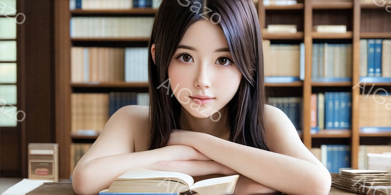 茶髪の女性が、開いた本の上に肘をついて座っており、優しい微笑みを浮かべてカメラを見つめている。彼女は肩出しの白いトップスを着ており、ストレートで長い髪が肩にかかっている。背景には、たくさんの本が並んだ本棚があり、落ち着いた雰囲気の図書館のような場所だ。