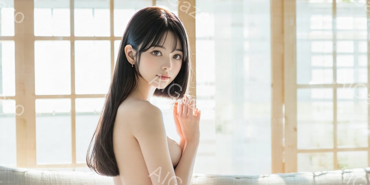 長い黒髪をなびかせた若い女性が、窓辺でわずかに体をひねってこちらを見ている。上半身は裸で、白っぽい布地がわずかに見える程度だ。背景には格子状の窓と、ぼんやりと見える自然の風景が広がり、光が柔らかく差し込んでいる。