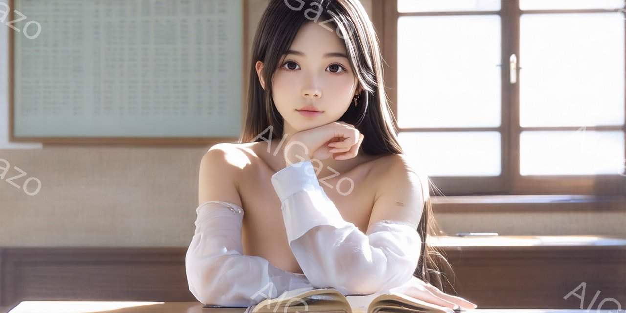 長い黒髪の女性が、白くシアーな長袖ブラウスを着て、机に肘をついています。彼女の表情は穏やかで、少し憂いを帯びています。背景には窓と、壁に貼られた紙が見え、教室のような雰囲気です。