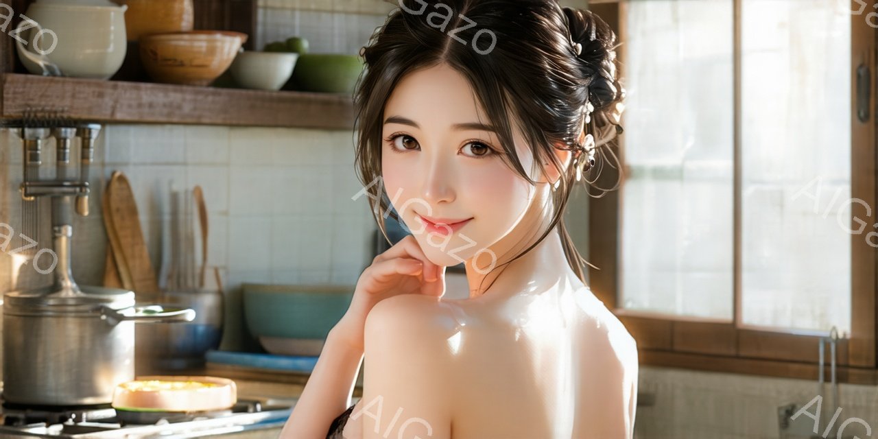 明るいキッチンで、茶色の髪を後ろでまとめた若い女性が微笑んでいます。彼女は肩出しのトップスを着ており、左手を頬に当てています。背景には、調理器具や食器が並んだ棚、ガスコンロで焼かれている小さなケーキ、そして自然光が差し込む窓が見えます。