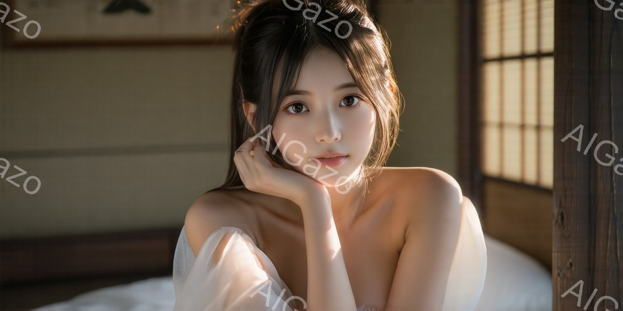 彼女は寝室のような場所で、白いシーツに包まれながら横たわっています。黒髪で、顔の横に髪が少し落ちており、優しく物憂げな表情をしています。背景には障子があり、柔らかい光が差し込み、全体的に穏やかで静寂な - AI生成フリー素材