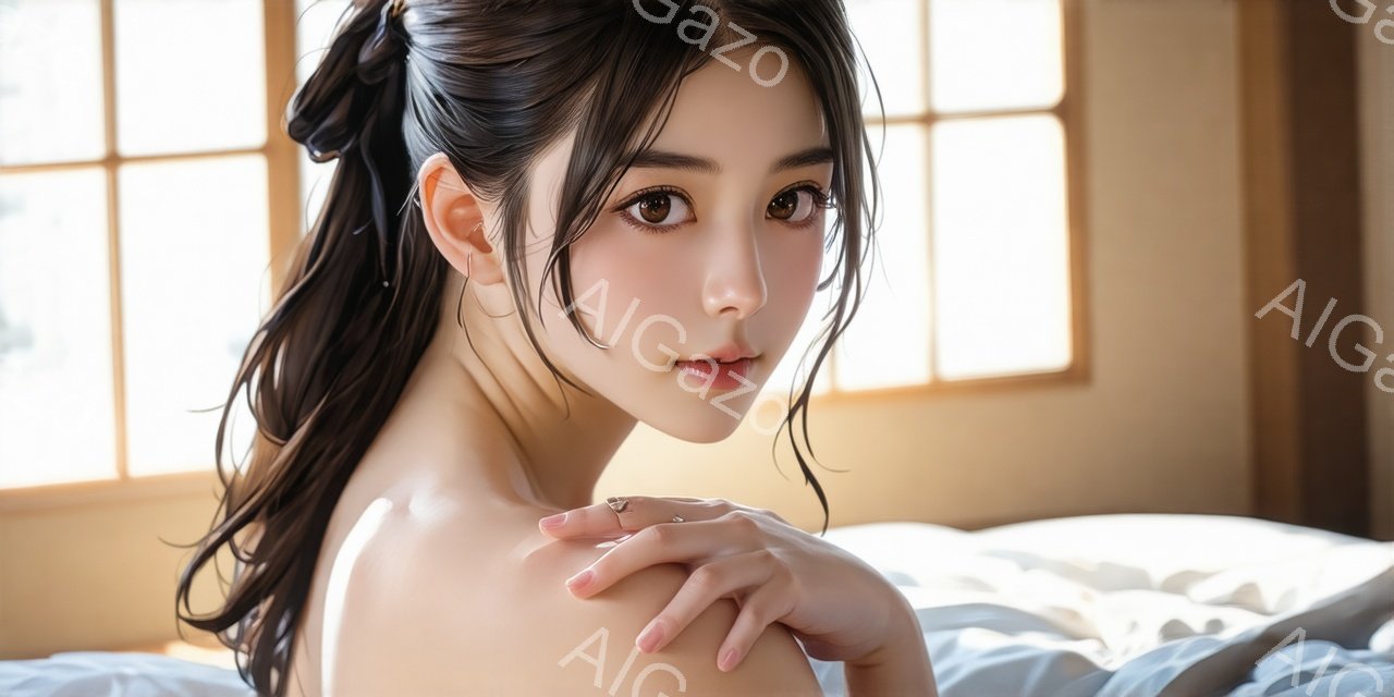 長い黒髪をポニーテールにし、前髪は少し分けている女性が描かれています。彼女は白いベッドに横たわり、片手をもう片方の腕に当てて、優しい微笑みを浮かべています。背景には木製の窓枠が見え、暖かく柔らかい光が差し込んでいます。