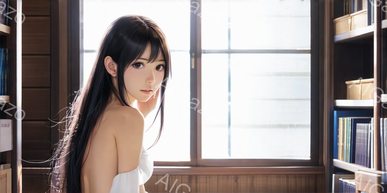 長い黒髪の女性が、オフショルダーの白いトップスを着て、窓の前に立っています。彼女はカメラの方を振り返り、少し微笑んでいるように見え、表情は穏やかです。背景には本棚が並び、窓から差し込む光が室内を明るく照らしています。