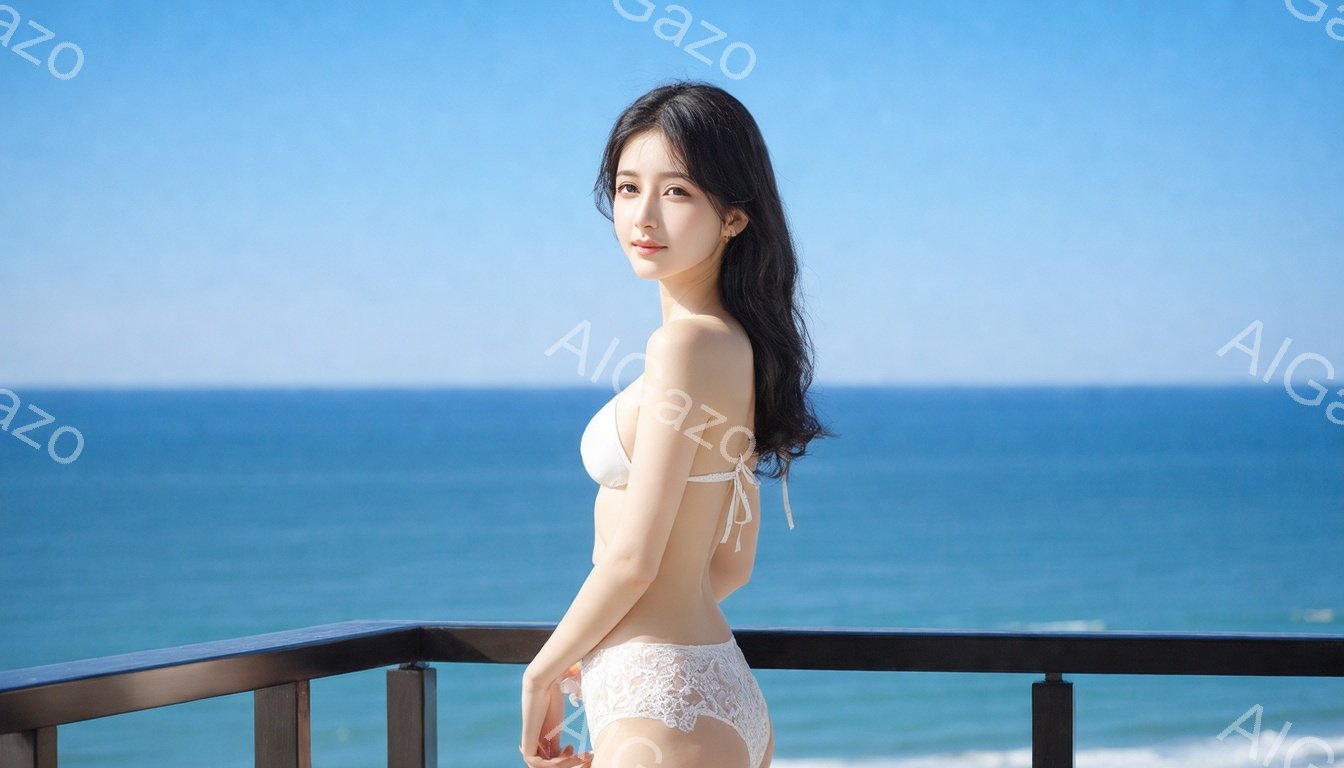 長い黒髪の女性が白いビキニを着てバルコニーに立っている。彼女は少し微笑み、海を背景にポーズをとっている。背景には青い海と白い波が広がり、晴れた空が広がっている。