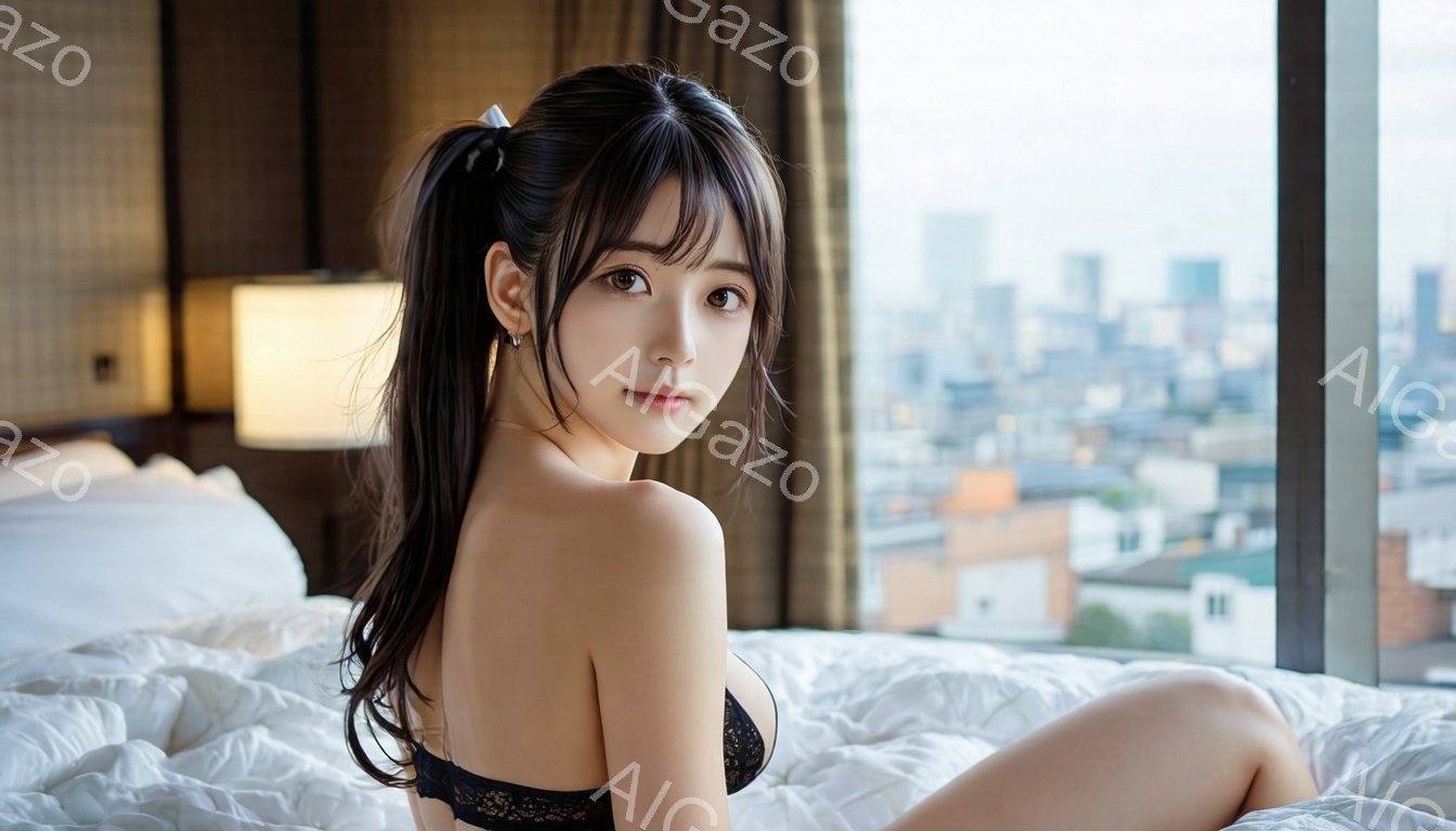 長い黒髪をポニーテールにし、前髪は軽くカールさせている女性がベッドに座っている。黒いレースのブラレットと下着姿で、少し振り返りこちらを見つめる表情は、どこか憂いを帯びている。背景には高層ビル群が広がる都市の風景が広がり、薄曇りの空が昼間の穏やかな雰囲気を醸し出している。