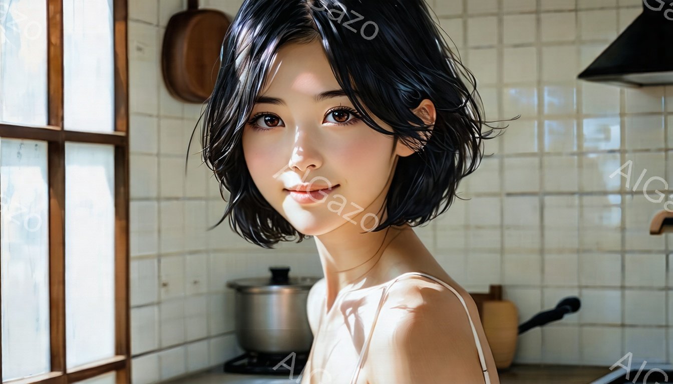 黒髪の短いウェーブヘアの女性が、白いキャミソールを着て少し微笑んでいます。彼女はキッチンに立っており、背景には白いタイルと調理器具が見えます。全体的に柔らかい光が差し込み、温かく穏やかな雰囲気です。