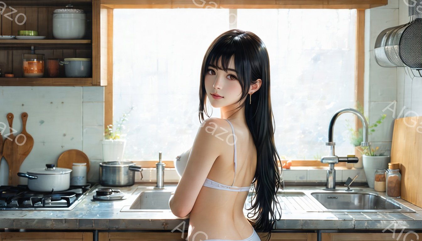 長い黒髪をなびかせた女性がキッチンでこちらを振り返っている。白いブラレットとショーツ姿で、肌が露出している。背景には、調理器具や調味料が並び、窓からは自然光が差し込み、明るく清潔な家庭的な雰囲気が漂っている。