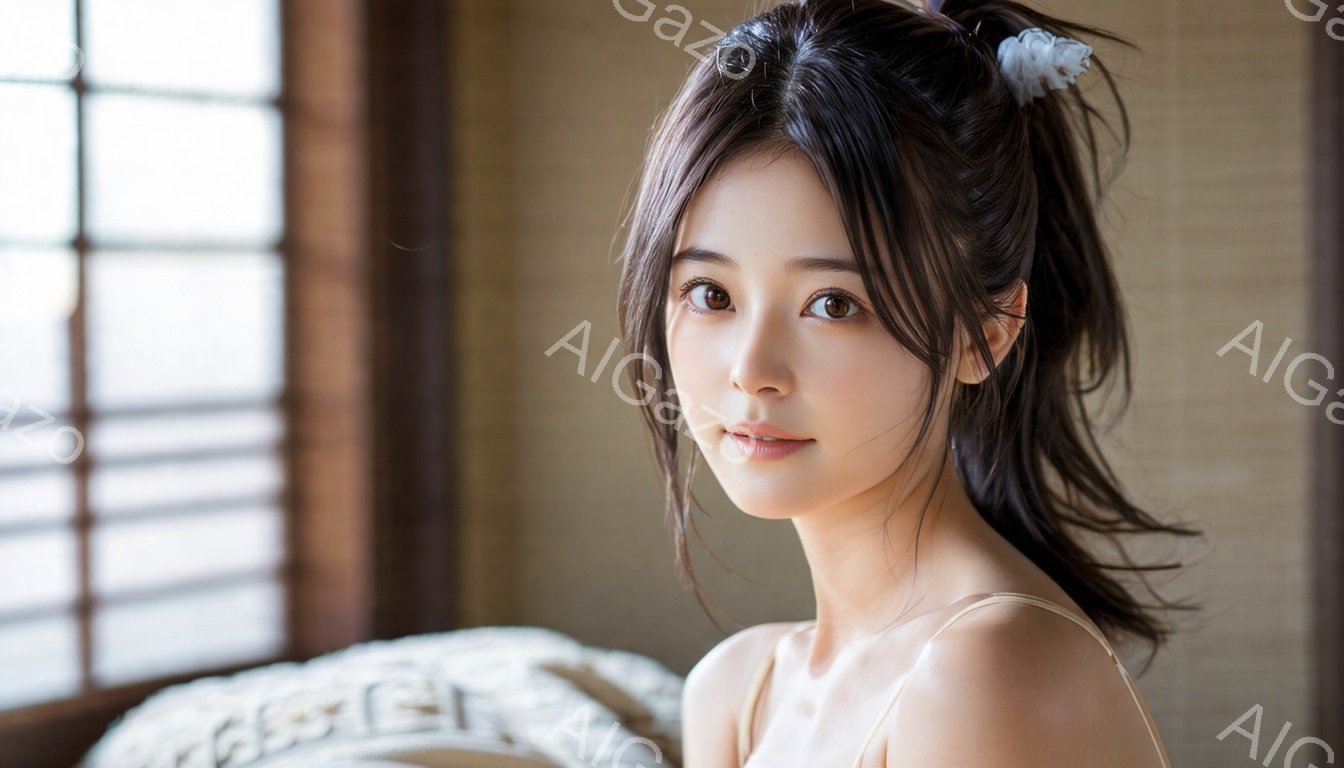 黒髪で、前髪を少し分けている女性が写っています。白いタンクトップを着ており、微笑みを浮かべています。背景には畳と障子があり、落ち着いた日本の部屋の雰囲気が漂っています。