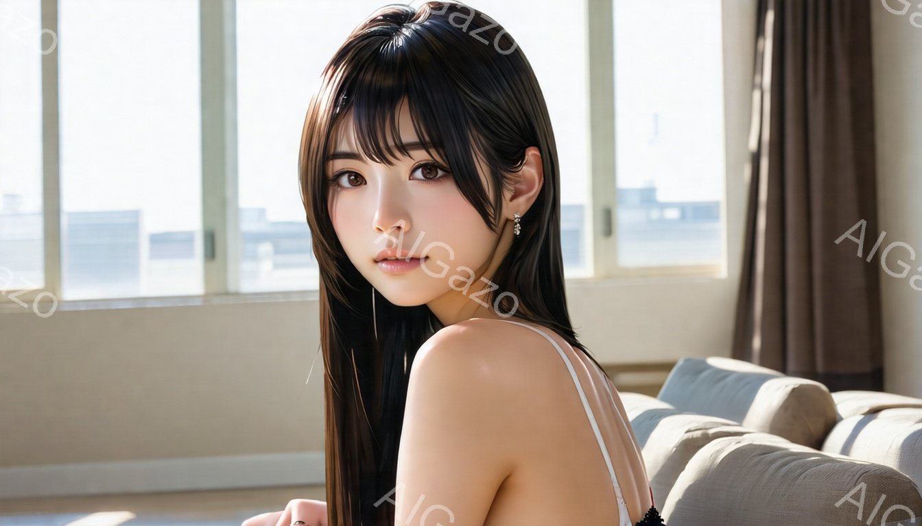 長い黒髪で、前髪が目の上にかかる女性が描かれています。彼女は肩出しの白いトップスを着ており、少し微笑んでいる表情でカメラを見ています。背景には大きな窓があり、都市の風景が見え、落ち着いた雰囲気の室内が広がっています。