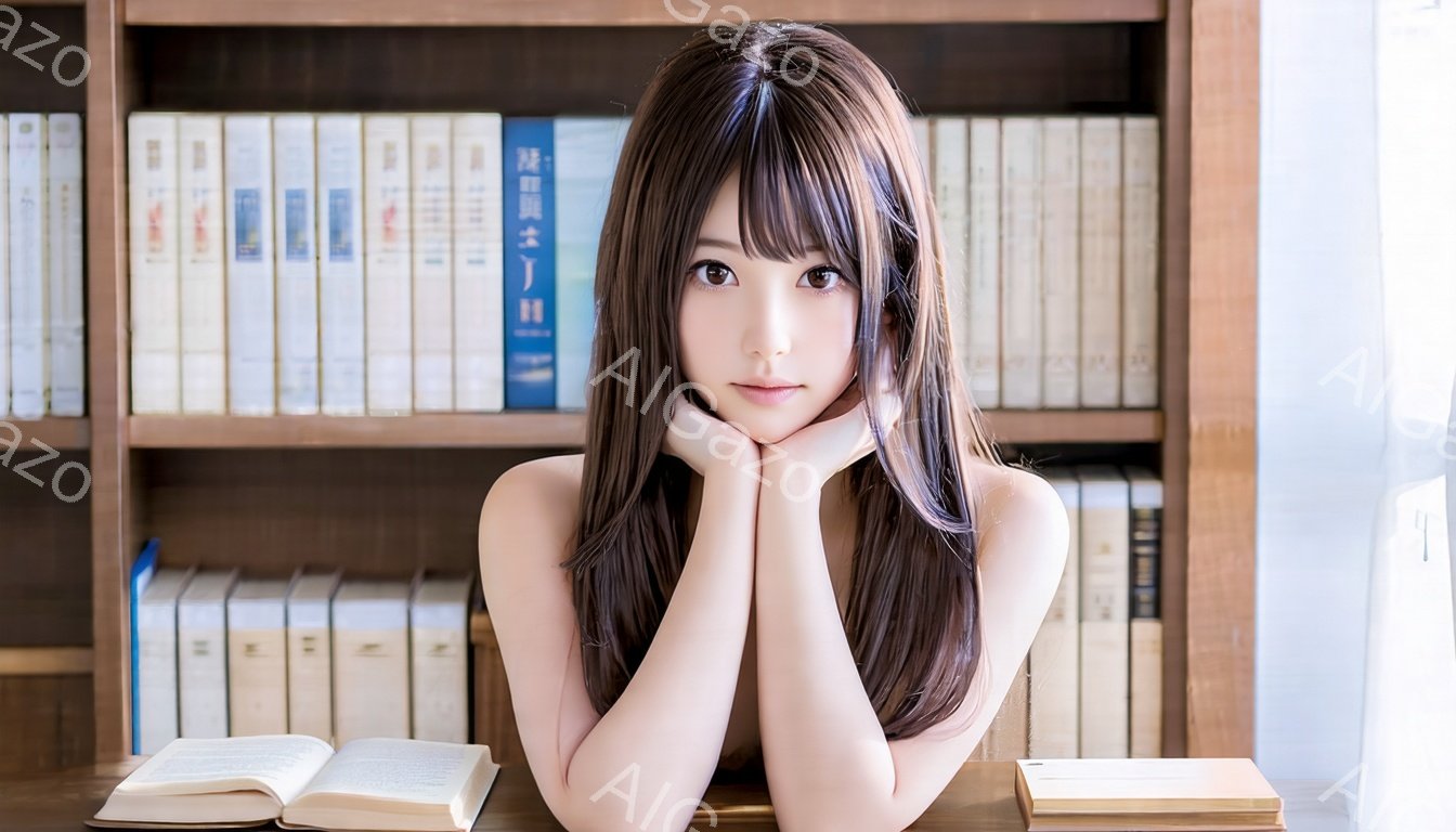 茶髪のロングヘアの女性が、顎を支えながらカメラを見つめています。彼女は薄い色のトップスを着ており、背景には整然と並んだたくさんの本棚が見えます。 全体的に、知的で静かな雰囲気が漂っています。