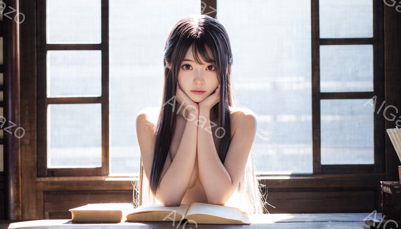 長い黒髪を肩で抱え、窓辺のテーブルに顎を乗せている女性が写っている。彼女はオフショルダーの白いトップスを着ており、表情はやや退屈そうであり、どこか憂いを帯びている。背景には木製の窓枠と、ぼんやりと見え - AI生成フリー素材