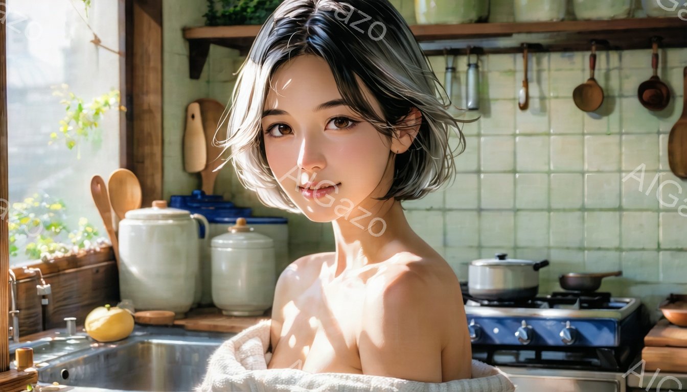 短いダークブラウンのヘアスタイルをした女性が、キッチンで穏やかな表情でこちらを見ている。肩には白いタオルがかけられ、上半身は露出している。背景には緑色のタイル、調理器具、そして自然光が差し込む窓があり、暖かく心地よい雰囲気が漂っている。