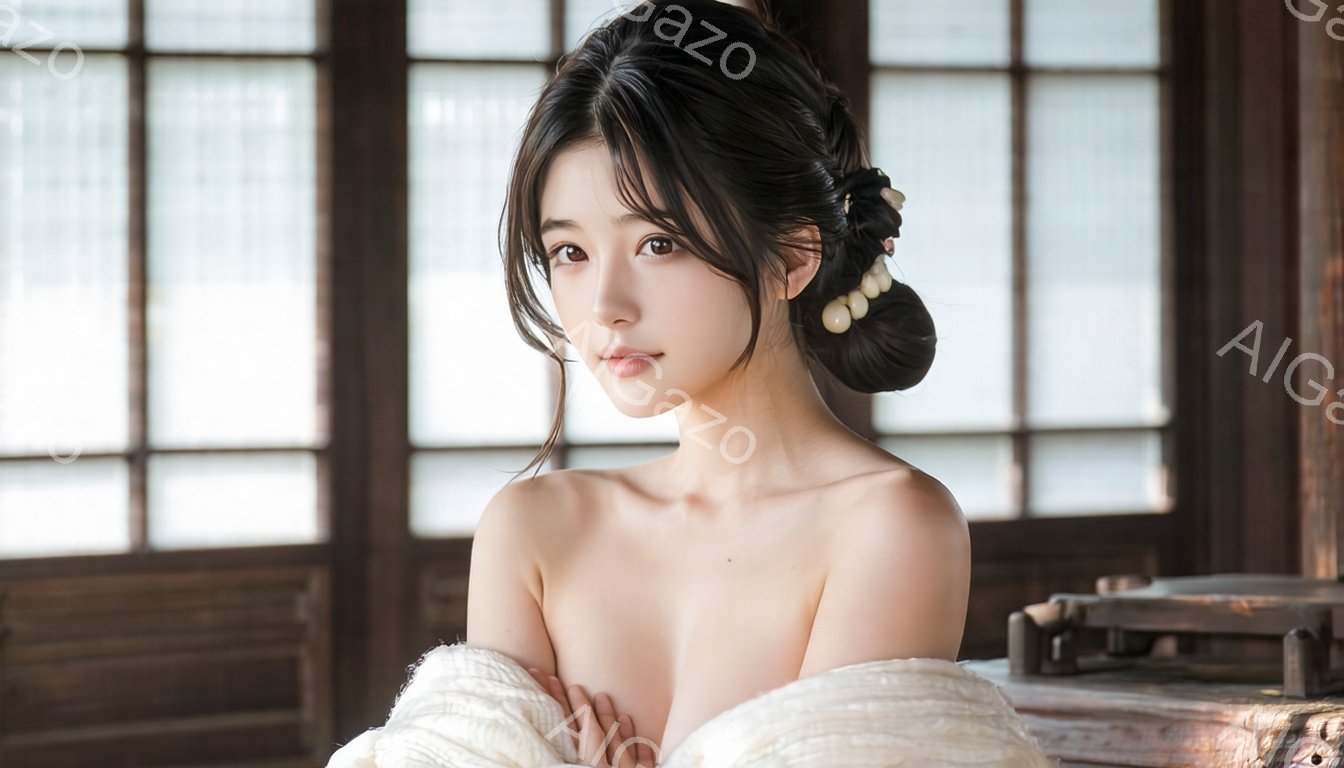 黒髪を後ろでまとめ、真珠のような装飾が施された上品なヘアスタイルをした若い女性が写っています。白い布を肩にかけ、控えめでありながらもどこか憂いを帯びた表情でカメラを見つめています。背景には木製の格子窓があり、和風の落ち着いた雰囲気を醸し出しています。