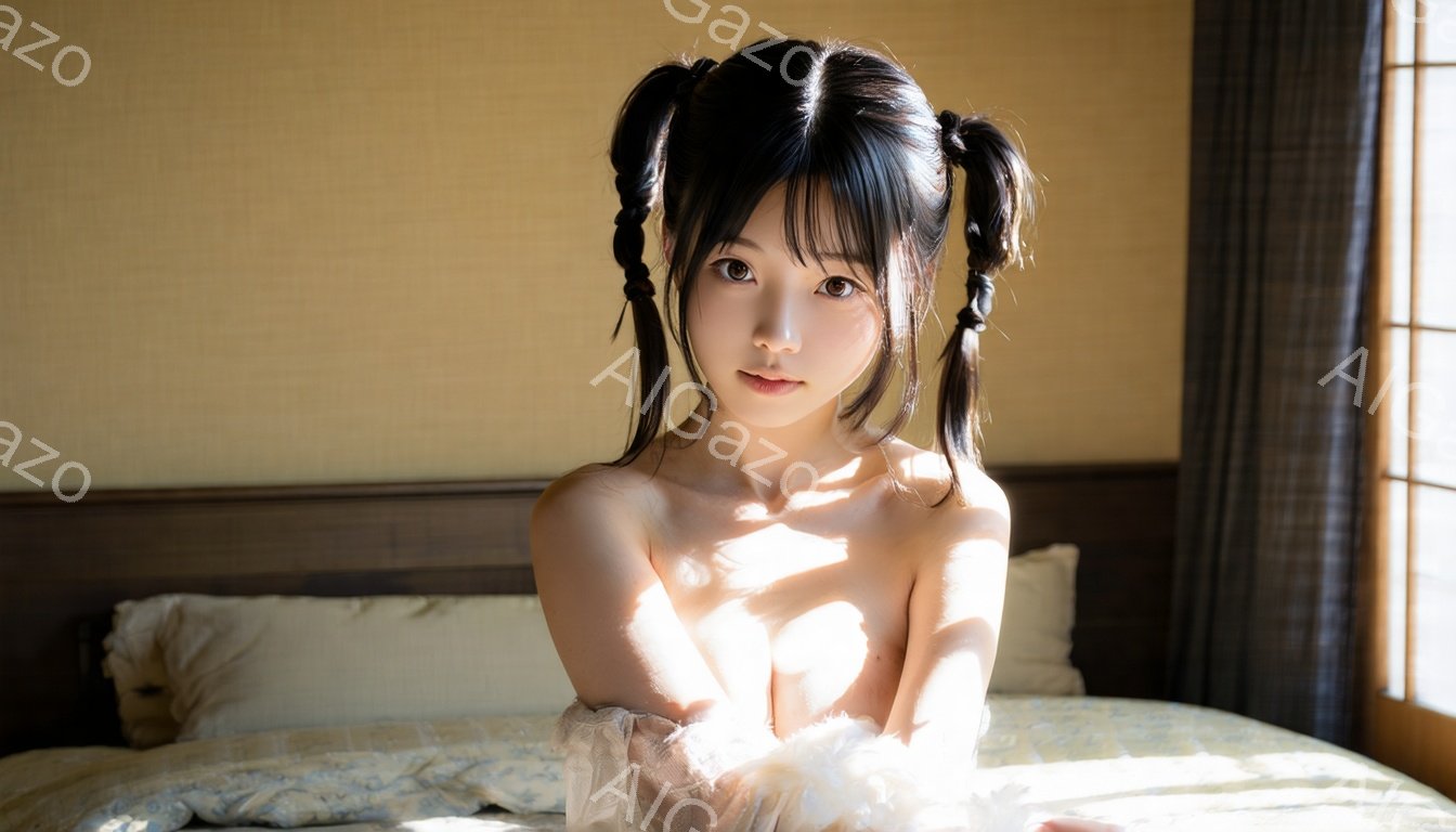 黒髪で前髪を揃えた若い女性が、肩で左右に分けた二つの三つ編みで髪を飾っています。彼女は白いレースのブラウスを着ており、上半身は素肌が見えています。室内には日の光が差し込み、和室の畳とベッドが背景にぼん - AI生成フリー素材