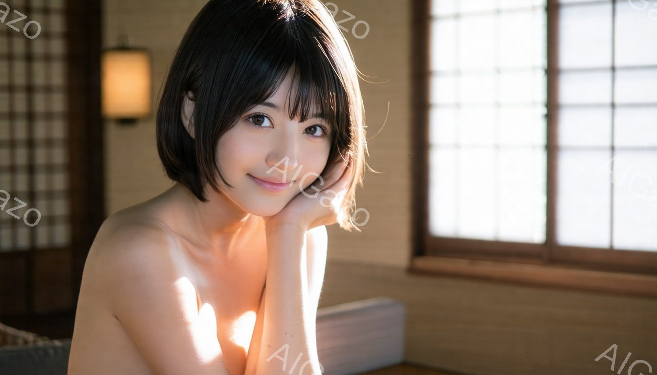 短い黒髪の女性が、頬を両手で支え、微笑んでいます。背景には畳と障子、そして光が差し込む窓があり、落ち着いた和の空間を演出しています。全体的に柔らかく温かい雰囲気で、リラックスした表情が印象的です。