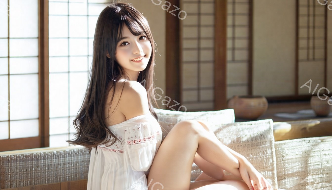 長い茶色の髪を肩にかける女性が、白いオフショルダーのブラウスと短いパンツ姿で籐の椅子に座っています。彼女は微笑んでカメラを見つめ、足は組んでリラックスしたポーズをとっています。背景には、障子窓と、床に置かれた陶器が見え、穏やかで自然な光が差し込む室内であることがわかります。