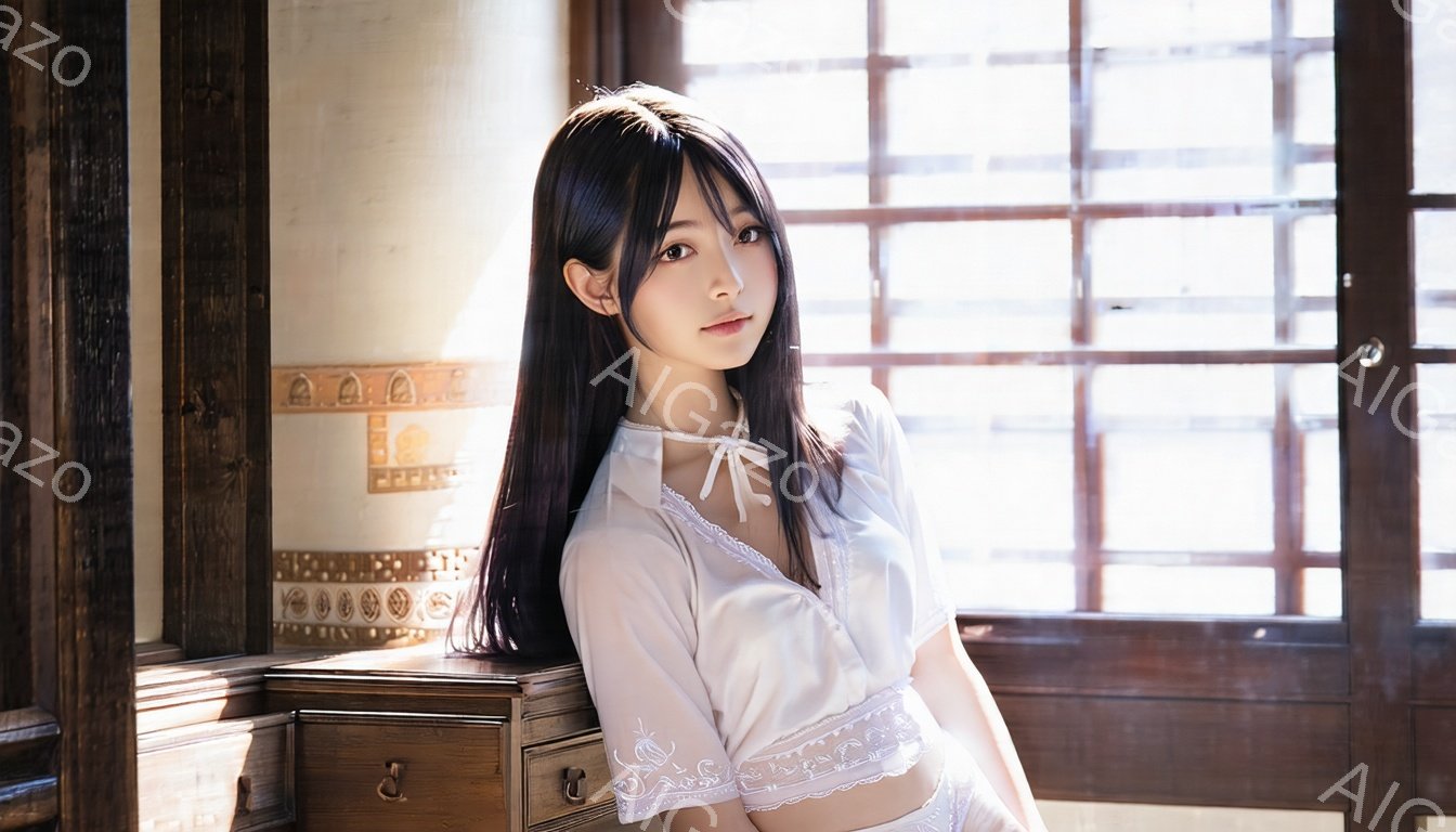 長い黒髪をセンターパートにした若い女性が、白いレース付きのブラウスと白いタンクトップを着ています。彼女は古い木製のタンスにもたれて座り、わずかに微笑んでいます。背景には、伝統的な日本の格子窓と、柔らかい光が差し込む室内が広がっており、全体的に優しくノスタルジックな雰囲気を醸し出しています。