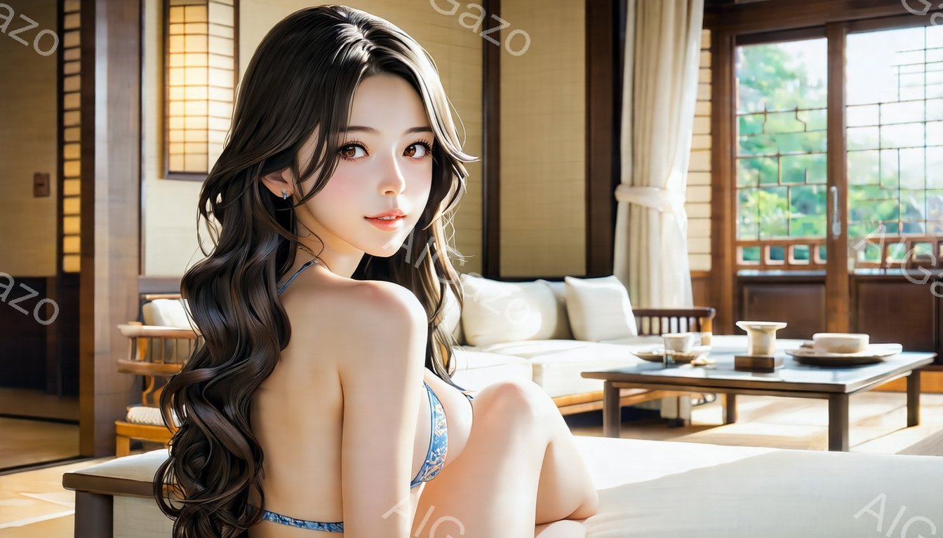 長い巻き毛の髪をした女性が、青い模様のビキニを着て、白いソファーの上に座っている。彼女はカメラに向かって微笑んでおり、リラックスした雰囲気を漂わせている。背景には畳の部屋と窓から見える緑豊かな庭園があり、穏やかで明るい日差しが差し込んでいる。