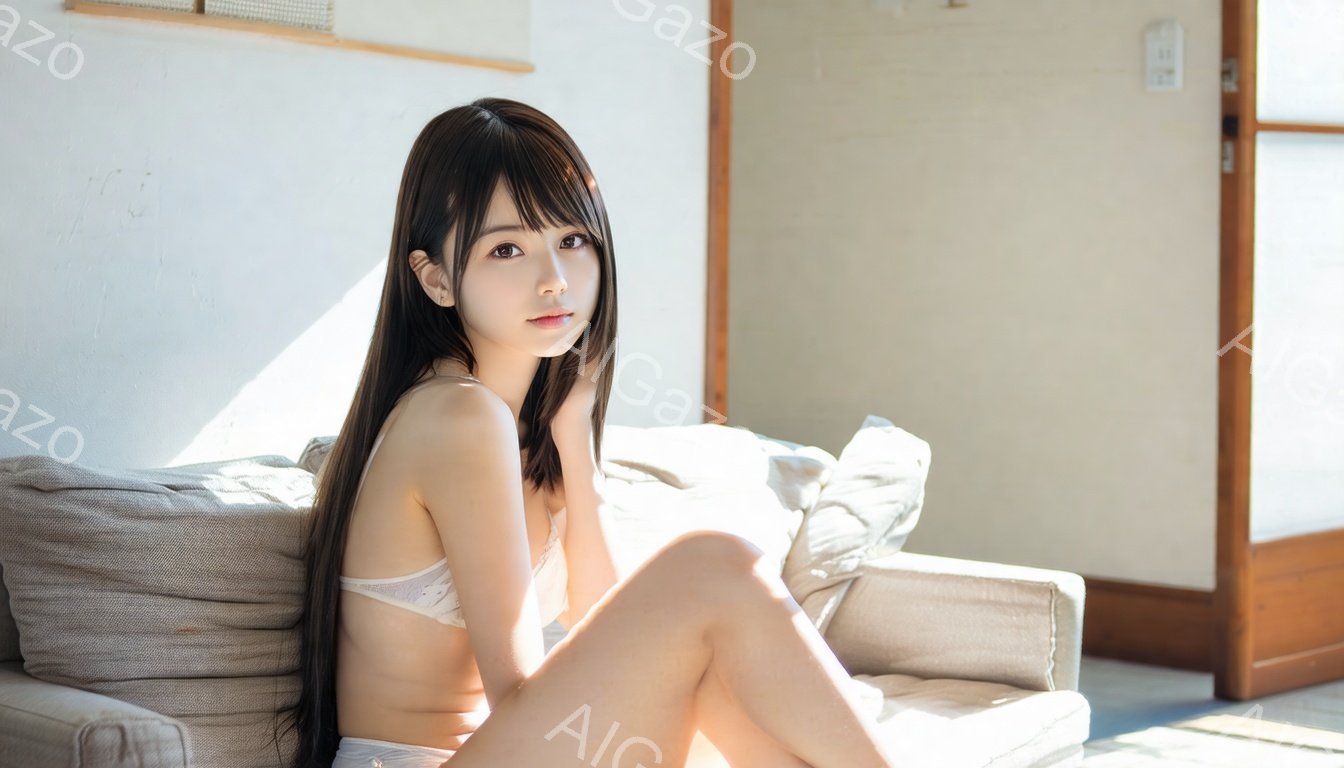 長い黒髪の女性が、ベージュ色のソファに座ってこちらを見ています。彼女は薄い色のランジェリーを身につけており、リラックスした姿勢で足を組んでいます。背景には木製のドアと窓が見え、部屋全体が柔らかい光に包 - AI生成フリー素材