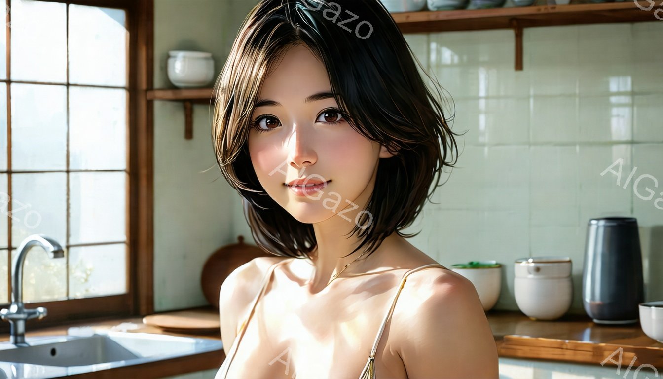 彼女は肩出しの白いトップスを着ており、暗い髪は肩のあたりで軽やかにカットされています。彼女は穏やかな笑顔を浮かべ、カメラに向かって少し体を傾けています。背景にはキッチンがあり、シンク、水栓、棚に置かれた陶器が見え、全体的に温かく、柔らかい光が差し込む雰囲気です。