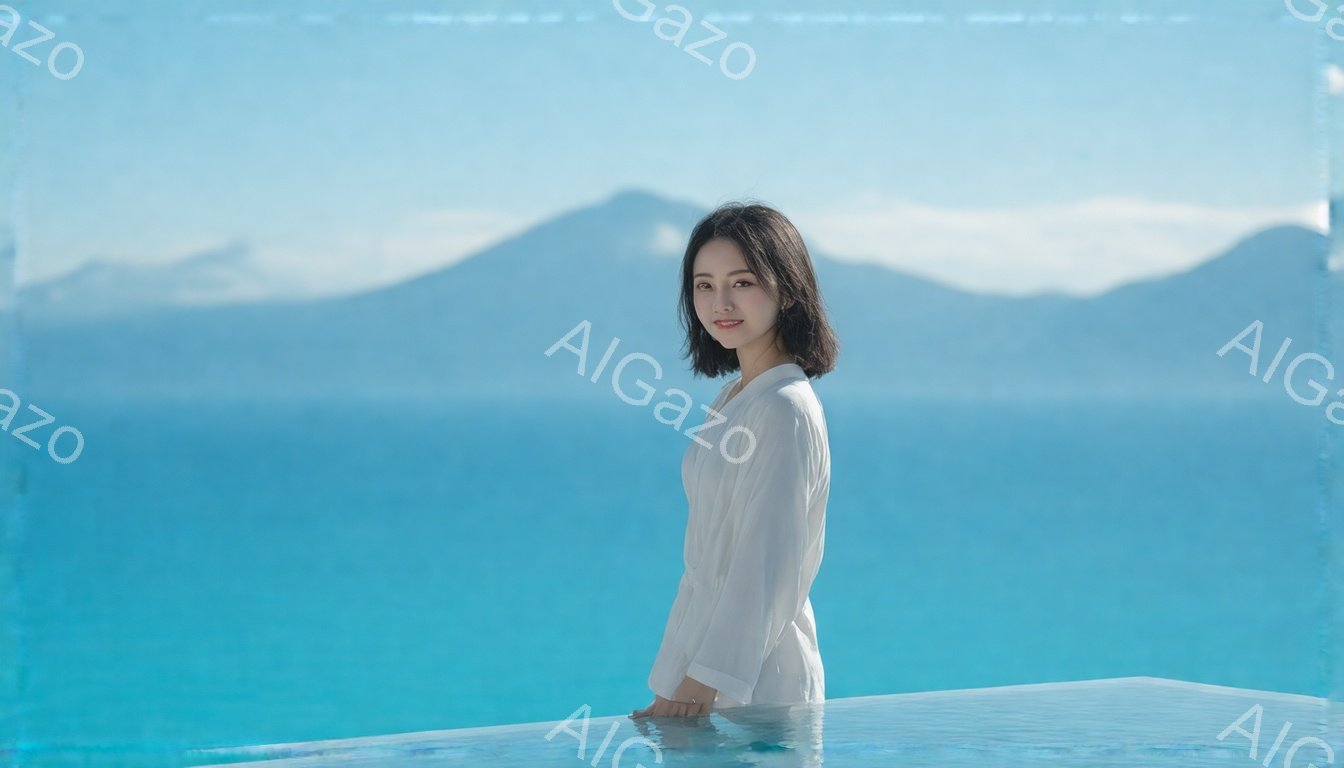 短い黒髪の女性が、ターコイズブルーのプールの中で白いシャツを着て立っている。彼女は穏やかな笑顔を浮かべ、リラックスした姿勢でプールサイドに手を置いている。背景には、青い海と遠くに見える緑の山々が広がり - AI生成フリー素材