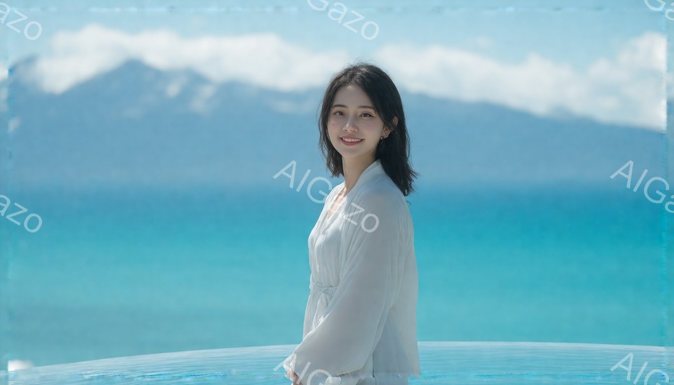 長い黒髪を肩のあたりで切り揃えた女性が、白いシャツドレスを着て微笑んでいます。彼女はプールサイドに立ち、背景にはターコイズブルーの海と緑豊かな山々が広がっており、晴天で穏やかな雰囲気が漂っています。彼 - AI生成フリー素材