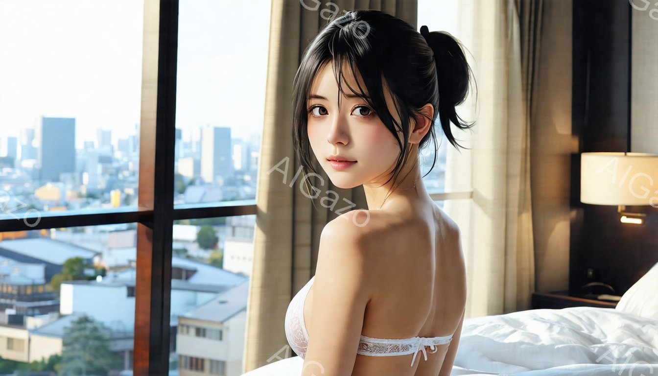 長い黒髪を後ろでまとめた女性が、レースのブラレットのみを身につけ、ベッドに横たわっている。彼女はカメラに向かって微笑み、少し恥ずかしそうな表情をしている。背景には高層ビル群が広がる都会の風景が広がり、 - AI生成フリー素材