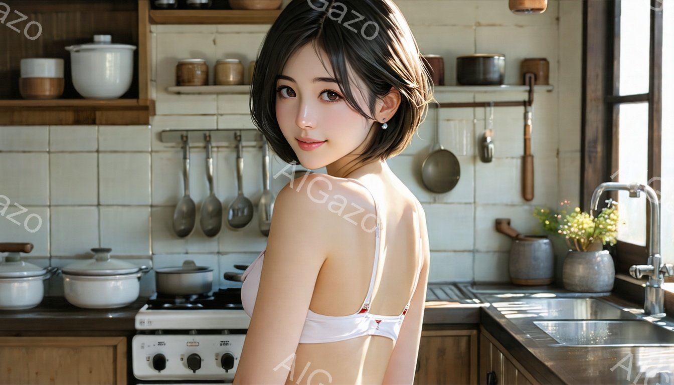短い黒髪の女性がキッチンで振り返っています。彼女は白いブラレットのみを身に着けており、微笑みを浮かべています。背景には、調理器具が掛けられた壁、ガスコンロ、シンクがあり、温かみのある家庭的な雰囲気です。