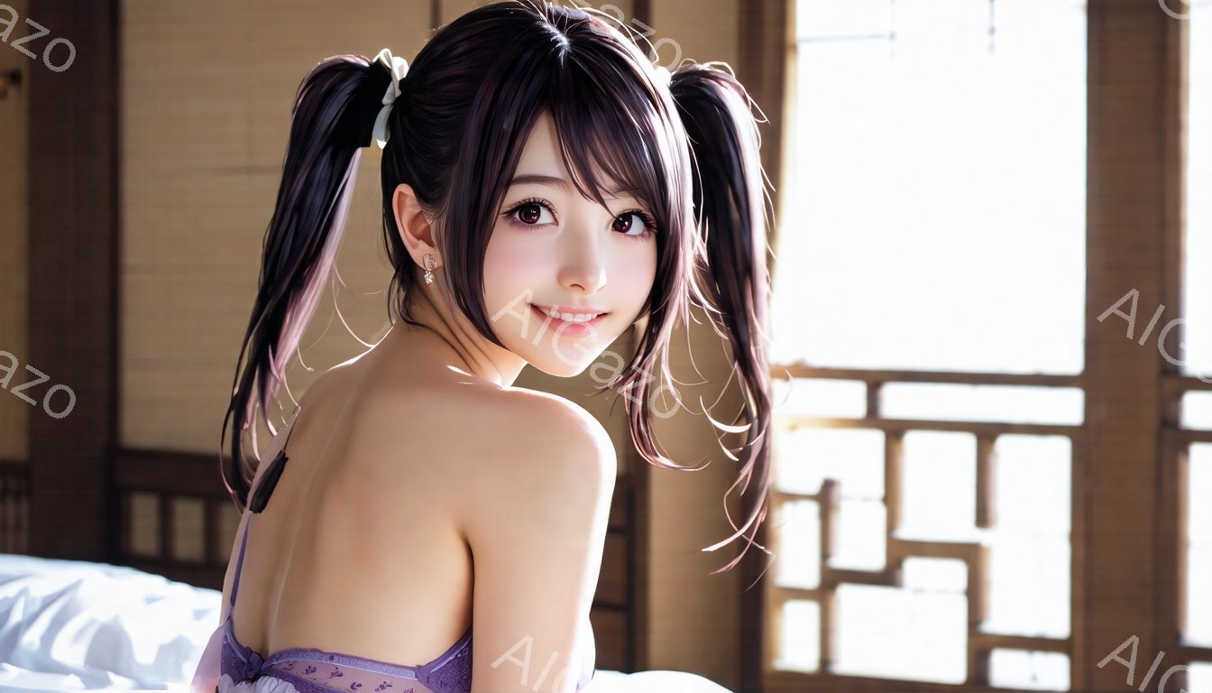 長い黒髪を左右に分けて二つに結び、毛先は紫色が混ざっています。紫色のキャミソールを着ており、後ろを振り返って微笑んでいます。背景には木製の格子窓があり、明るい日差しが差し込んでいる室内です。