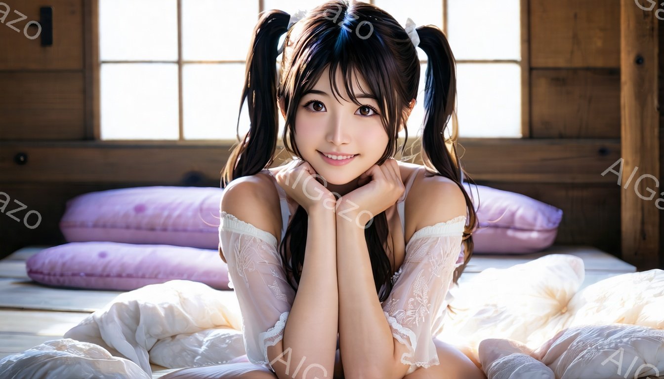 黒髪をツインテールにした若い女性が、和室のような場所に座っています。白いレースのトップスと、白くふわふわした布に囲まれており、両手で頬を支え、微笑んでいます。背景には畳と座布団が見え、窓から差し込む光が柔らかい雰囲気を醸し出しています。